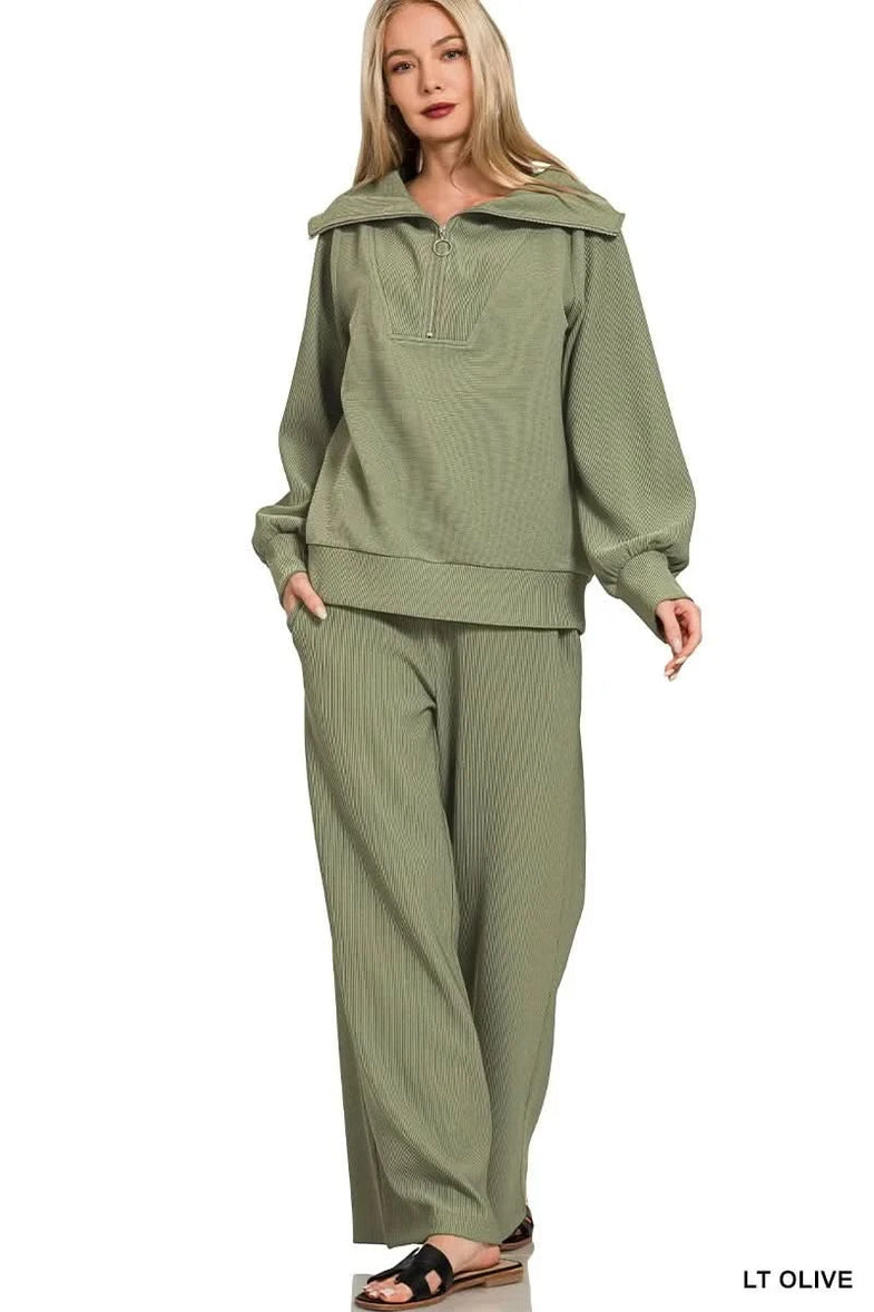 Zenana Ribbed High Neck Half Zip Pullover & Pants Set - SwagglyLife Home & Fashion